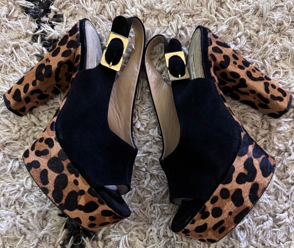Diane Von Furstenberg Robin Leopard Calf Fur Platform Chunky Heeled Shoes 8.5